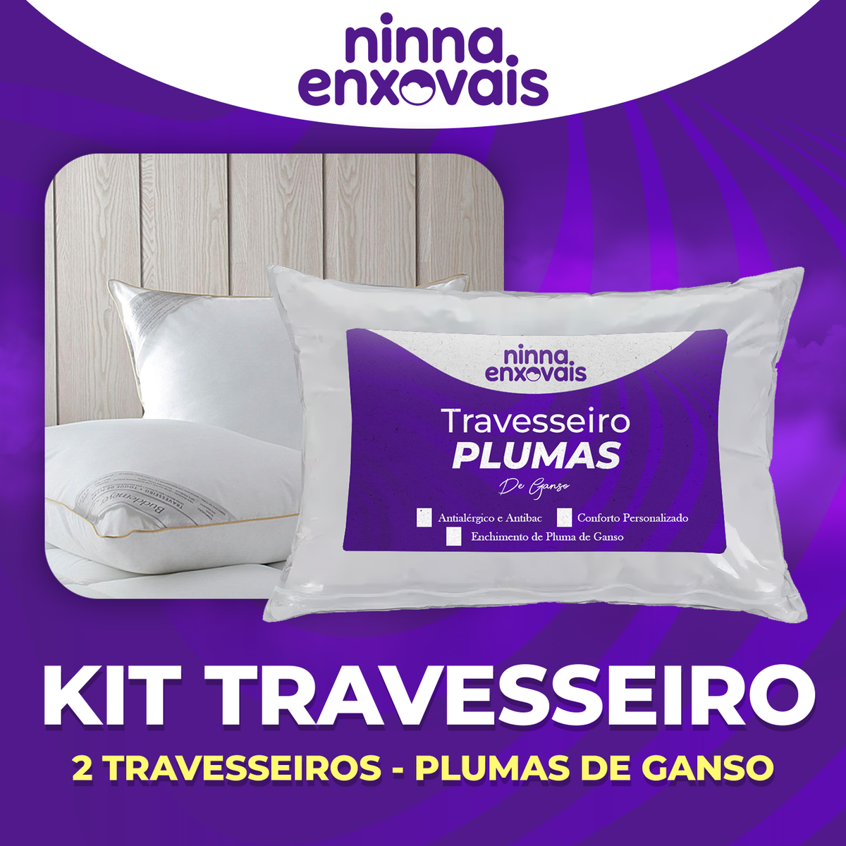 Kit 2 Travesseiros de Pluma de Ganso | Ninna Premium